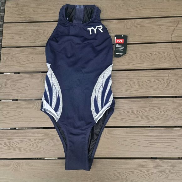 TYR Durafast Youth Girl Phoenix Destroyer Navy/white Polo Zipper Swim Sz 26 New - Picture 1 of 3